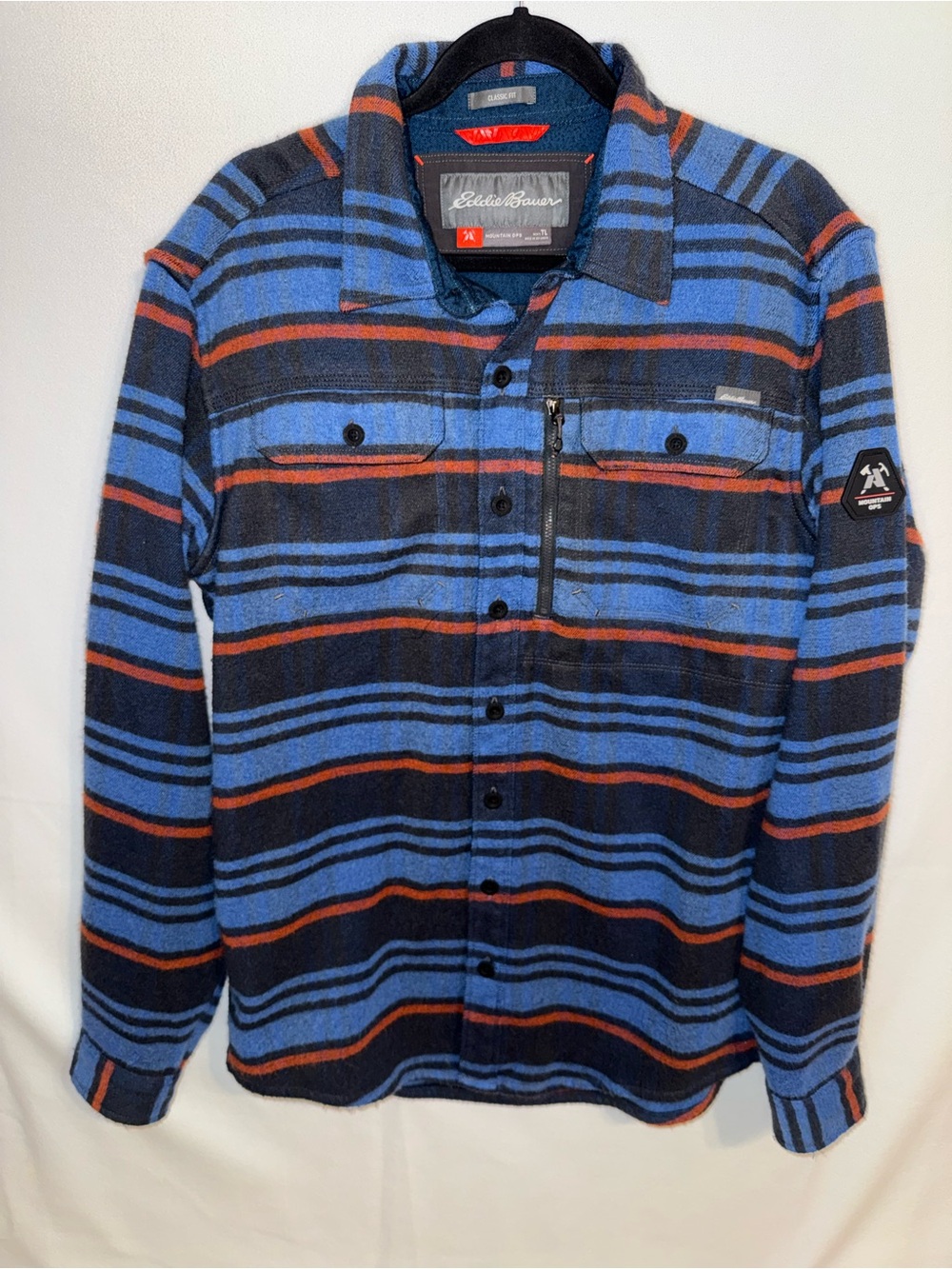 Eddie Bauer Men’s Mountain Ops Blue Navy Striped Shirt Jacket Flannel Tall Large